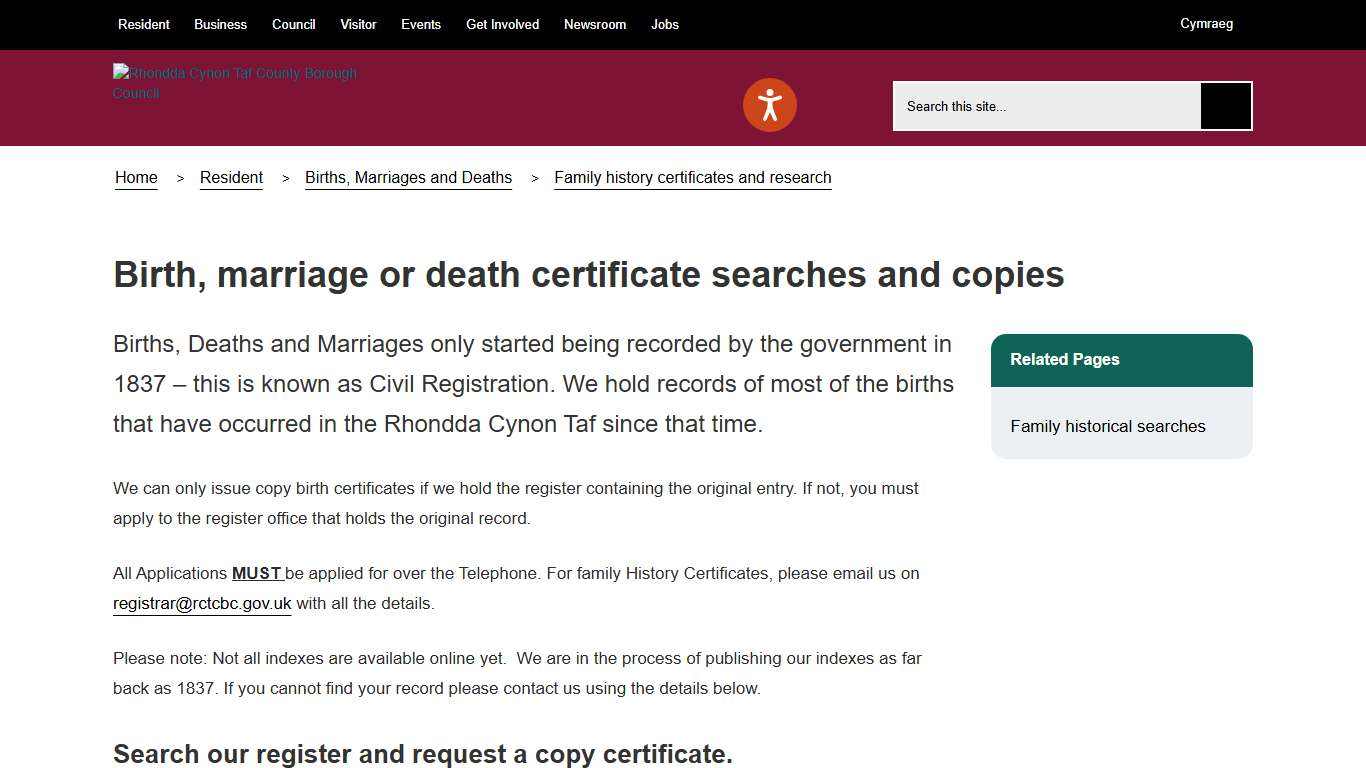 Birth, marriage or death certificate searches and copies Rhondda Cynon Taf County Borough Council