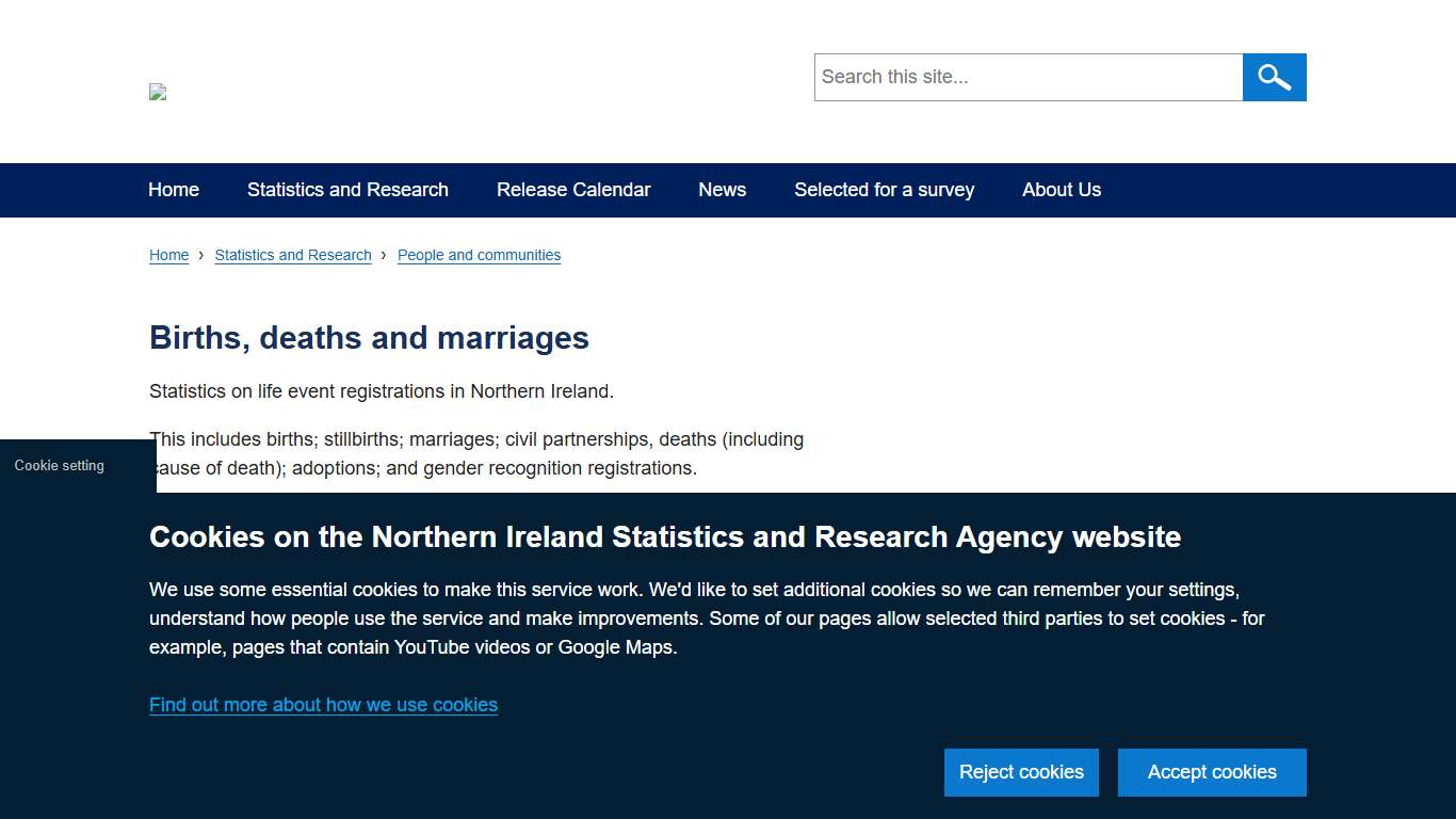 Births, deaths and marriages Northern Ireland Statistics and Research Agency