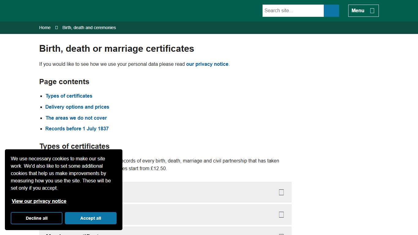 Birth, death or marriage certificates - Surrey County Council