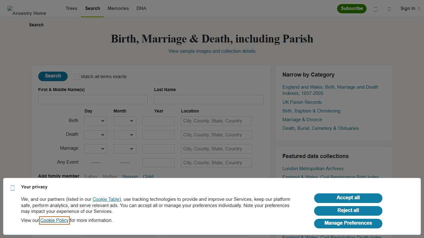 Birth, Marriage & Death, including Parish - Ancestry