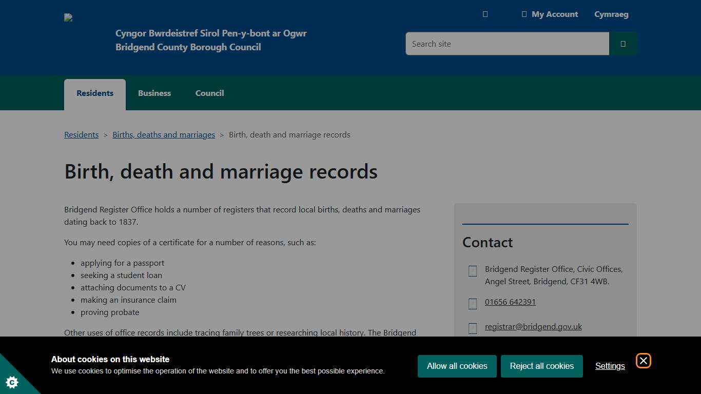 Birth, death and marriage records